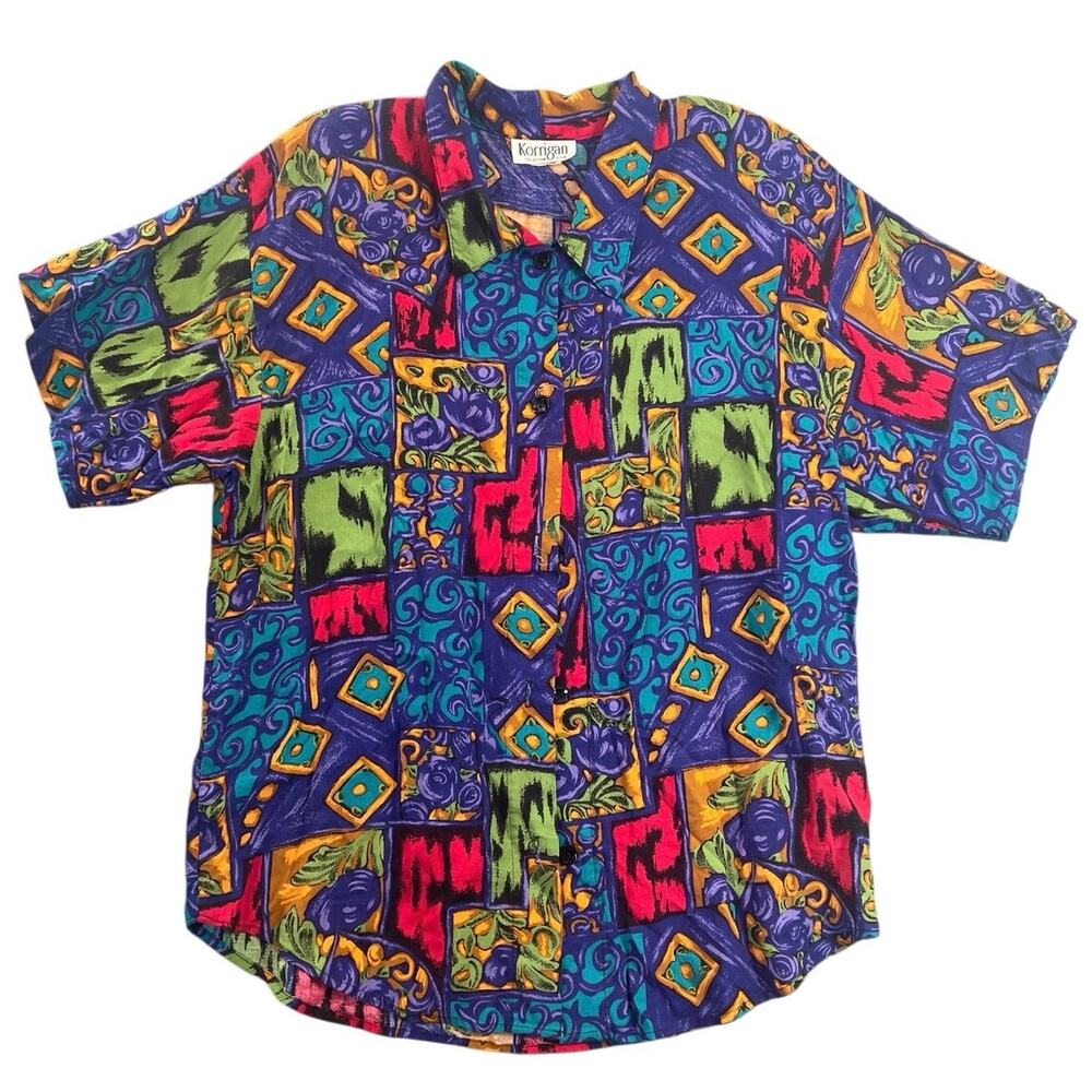 Vintage 90s Abstract Art Rayon Shirt Colorful Festival Button Up - M